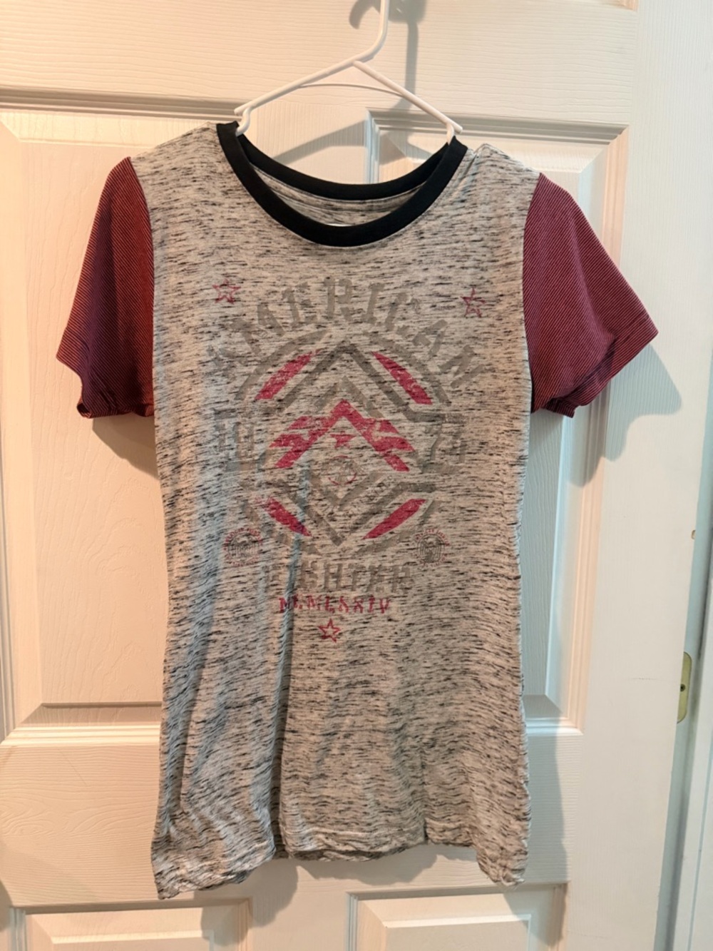 Women’s Heather Gray Tee with Pink and Black Sleeves